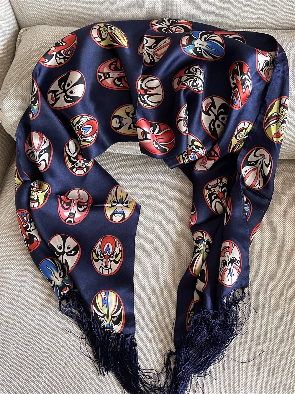 Silk Navy Scarf with Multicolor Mask Motif fringe ends